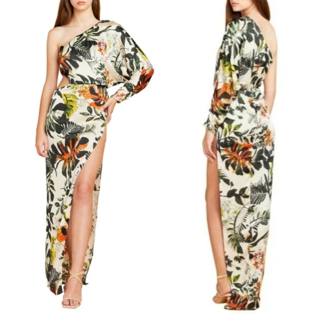 KATIE MAY Vamanos One-Shoulder Gown in Neutral Tropical Size Medium